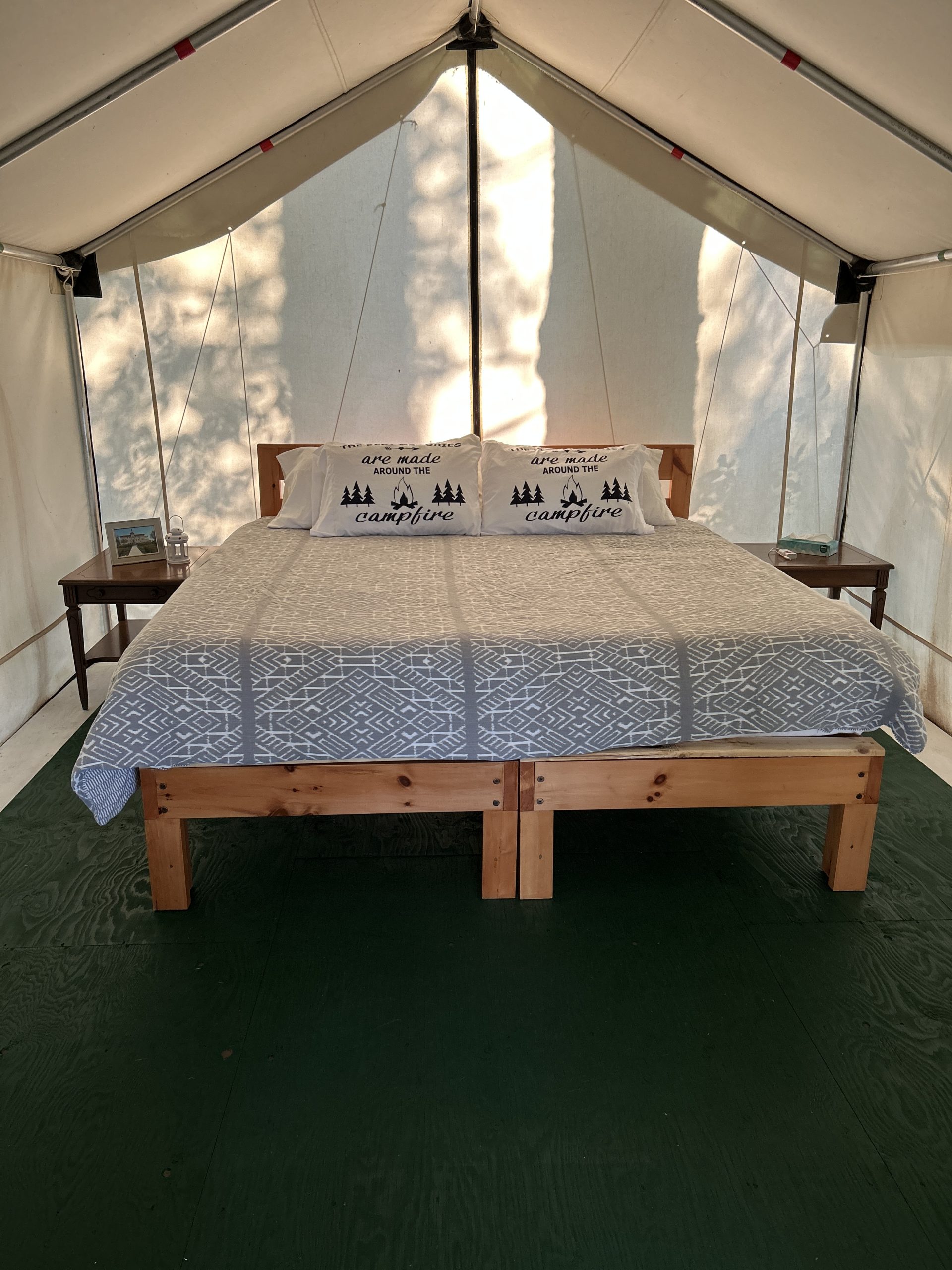 King-sized bed with Douglas mattress inside The Aboyne tent at Irvineside Farm